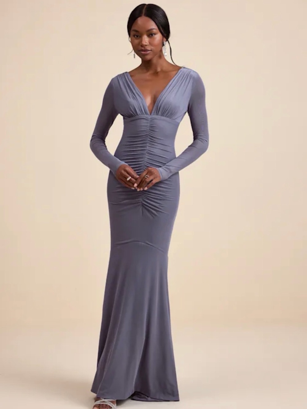 Lulu's Blue Long Sleeve V-Neck Ruched Maxi Dress